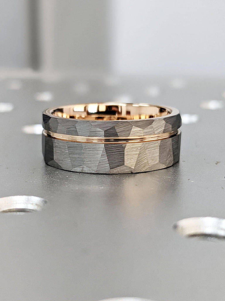 Male Promise Ring Gunmetal Tungsten Carbide: 8MM Wide Band, Hammered Brushed Finish with Rose Gold Groove
