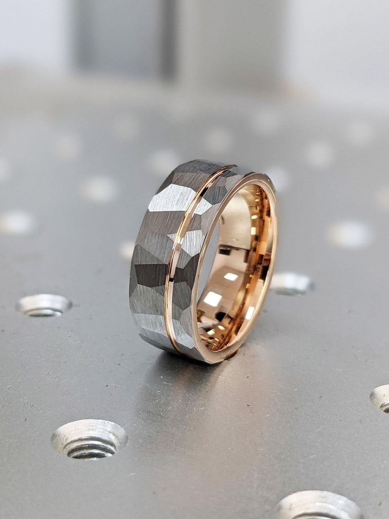 8MM Rose Gold Tungsten Carbide Comfort Fit Mens Engagement Ring | Male Promise Ring | Brushed Finish Hammered Ring | Tungsten Wedding Band