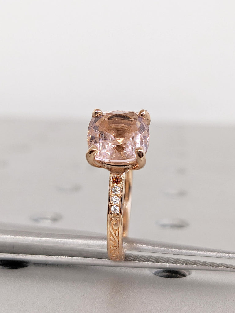 Cushion Cut Morganite Ring, 14k Rose Gold Engagement Ring, Diamond and Garnet Ring, Art Deco Filigree Ring, Lab Morganite Anniversary Ring