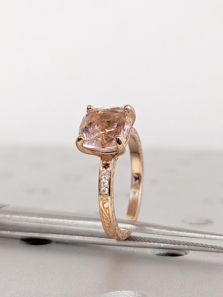 Cushion Cut Morganite Ring, 14k Rose Gold Engagement Ring, Diamond and Garnet Ring, Art Deco Filigree Ring, Lab Morganite Anniversary Ring