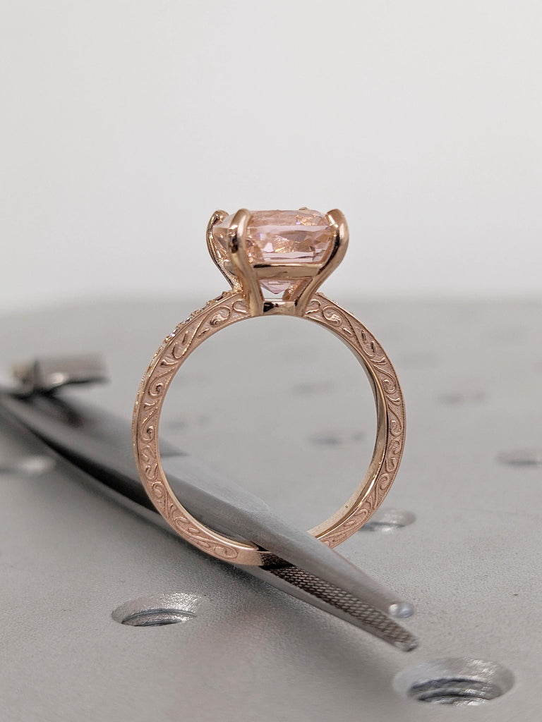 Cushion Cut Morganite Ring, 14k Rose Gold Engagement Ring, Diamond and Garnet Ring, Art Deco Filigree Ring, Lab Morganite Anniversary Ring