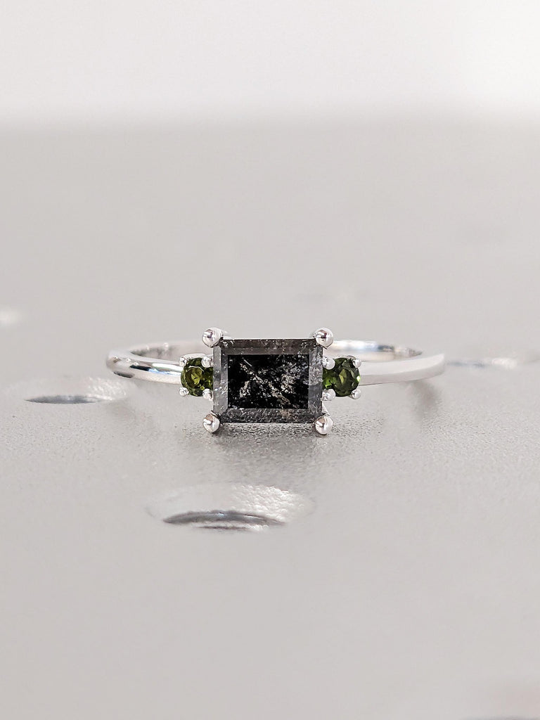 18K White Gold Salt and Pepper Diamond Engagement Ring, Unique Green Tourmaline Birthstone Wedding Band