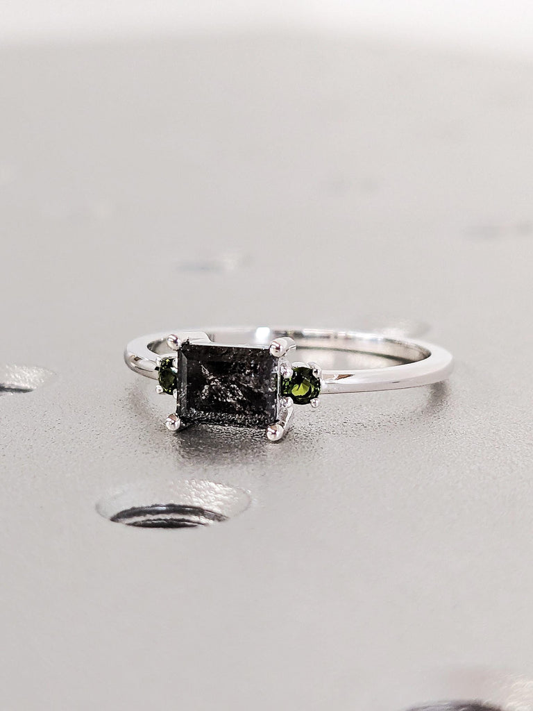 18K White Gold Salt and Pepper Diamond Engagement Ring, Unique Green Tourmaline Birthstone Wedding Band