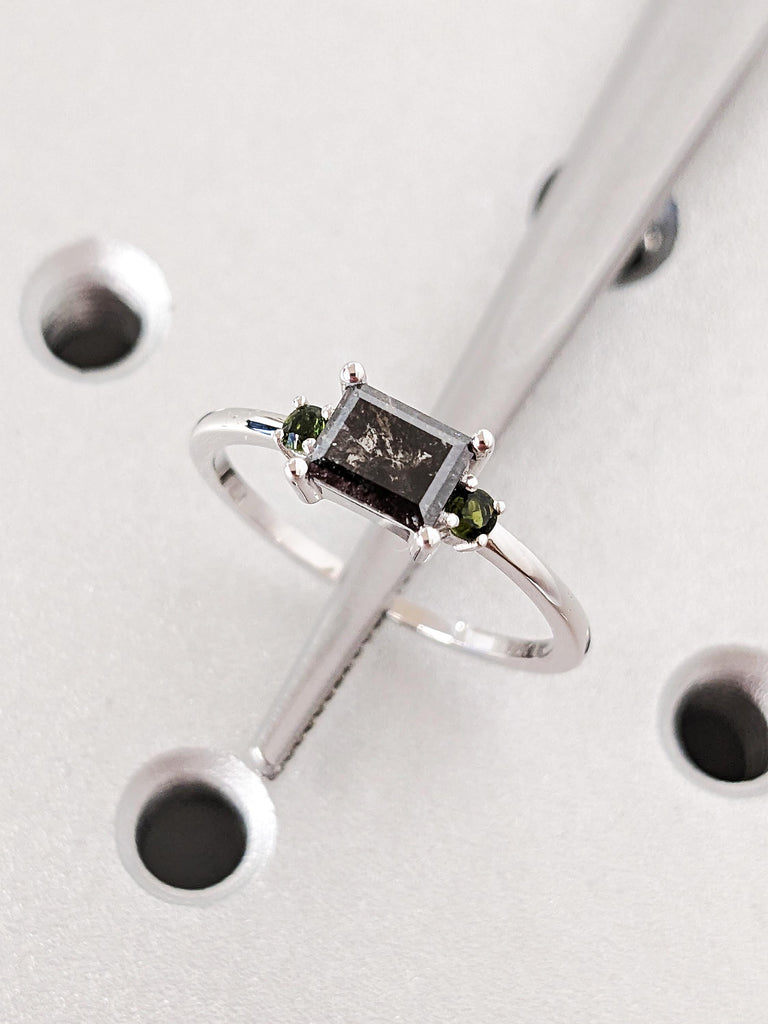 18K White Gold Salt and Pepper Diamond Engagement Ring, Unique Green Tourmaline Birthstone Wedding Band