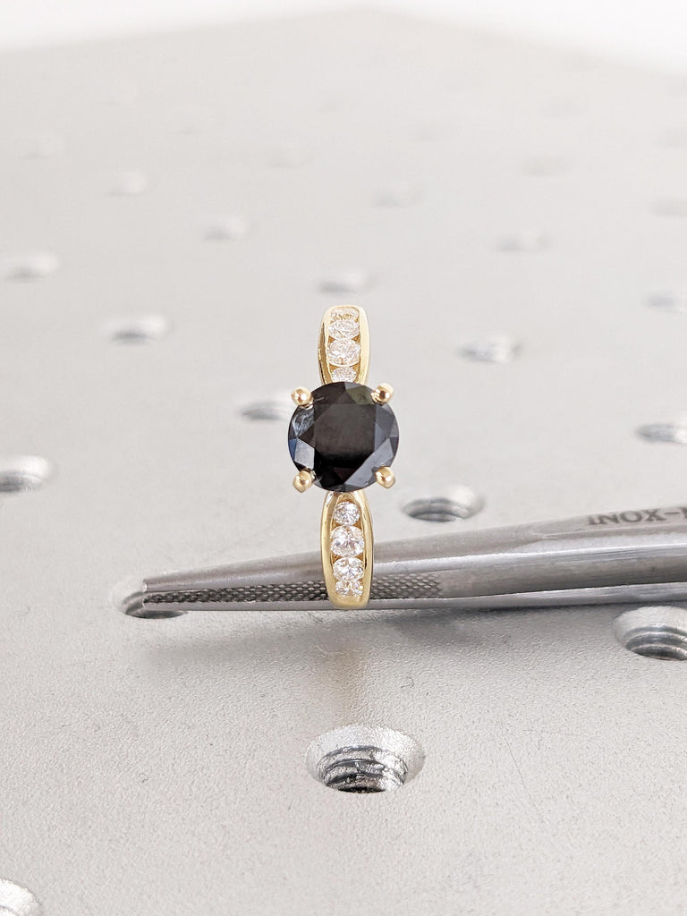 Black Diamond Wedding Ring, 1-4ct Round Cut Diamond Engagement Ring, 18k Yellow Gold Women's Ring