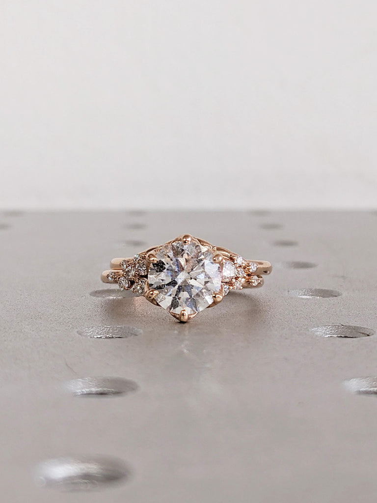 Moissanite Engagement Ring Set with Matching Wedding Band, 14K Rose Gold Bridal Ring Set, Snowdrift Diamond Cluster Wedding Ring, Bridal Set