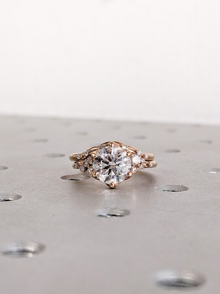 Moissanite Engagement Ring Set with Matching Wedding Band, 14K Rose Gold Bridal Ring Set, Snowdrift Diamond Cluster Wedding Ring, Bridal Set