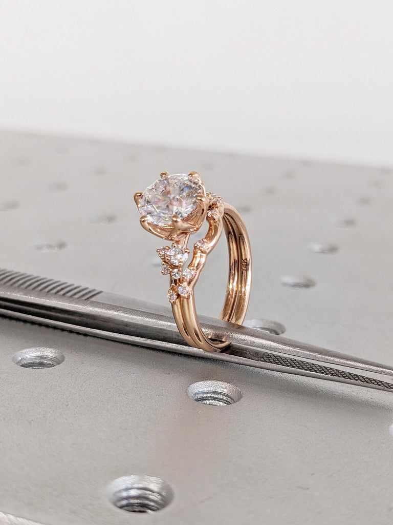 Moissanite Engagement Ring Set with Matching Wedding Band, 14K Rose Gold Bridal Ring Set, Snowdrift Diamond Cluster Wedding Ring, Bridal Set