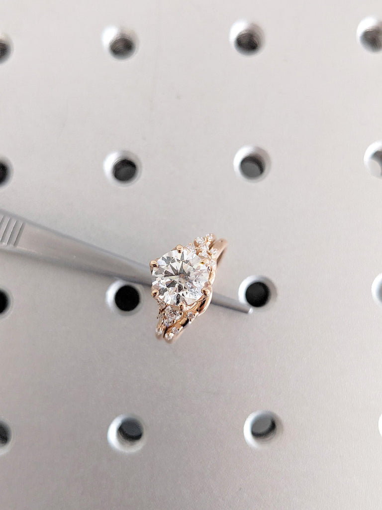 Moissanite Engagement Ring Set with Matching Wedding Band, 14K Rose Gold Bridal Ring Set, Snowdrift Diamond Cluster Wedding Ring, Bridal Set