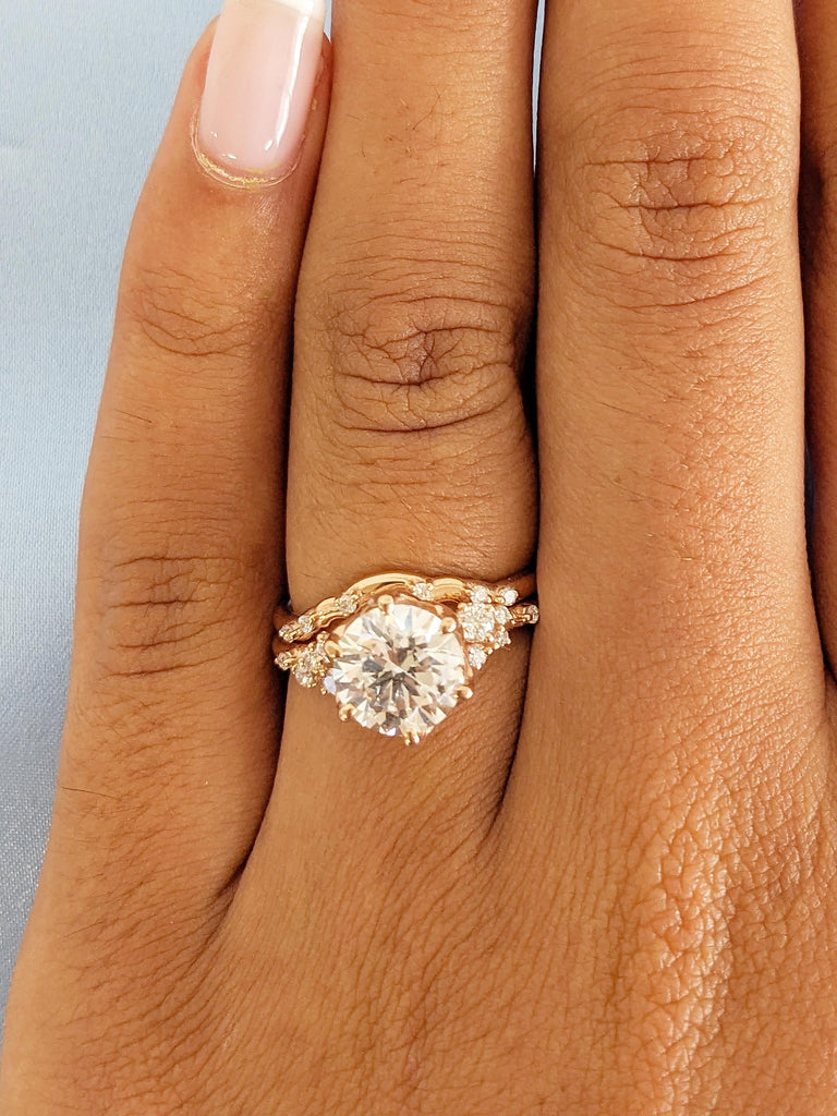 Moissanite Engagement Ring Set with Matching Wedding Band, 14K Rose Gold Bridal Ring Set, Snowdrift Diamond Cluster Wedding Ring, Bridal Set