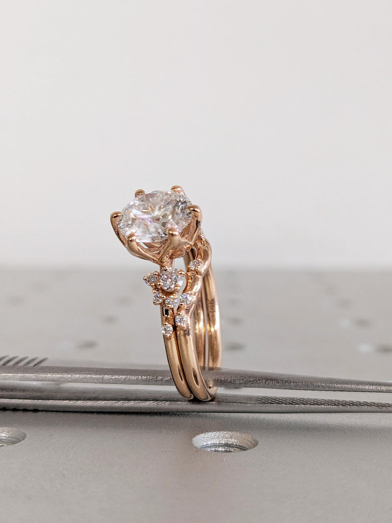 Moissanite Engagement Ring Set with Matching Wedding Band, 14K Rose Gold Bridal Ring Set, Snowdrift Diamond Cluster Wedding Ring, Bridal Set