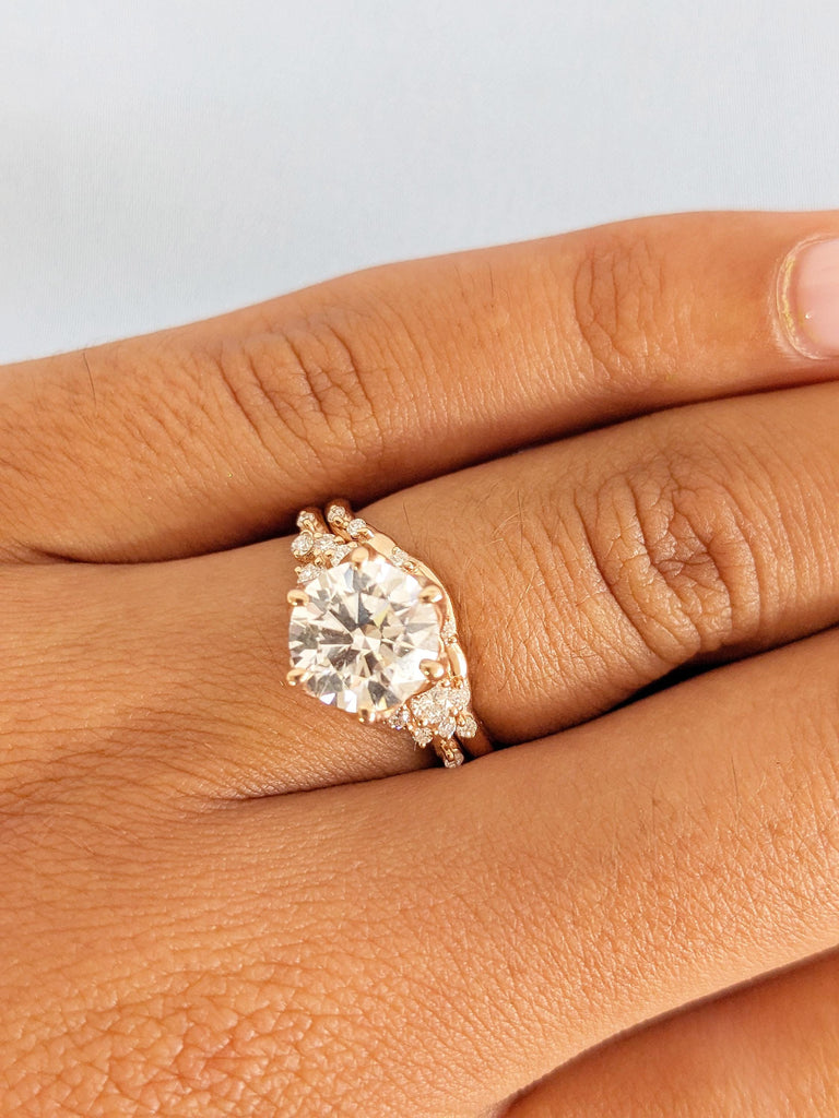 Moissanite Engagement Ring Set with Matching Wedding Band, 14K Rose Gold Bridal Ring Set, Snowdrift Diamond Cluster Wedding Ring, Bridal Set