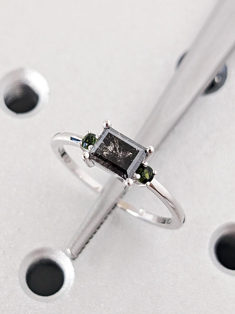18K White Gold Salt and Pepper Diamond Engagement Ring, Unique Green Tourmaline Birthstone Wedding Band