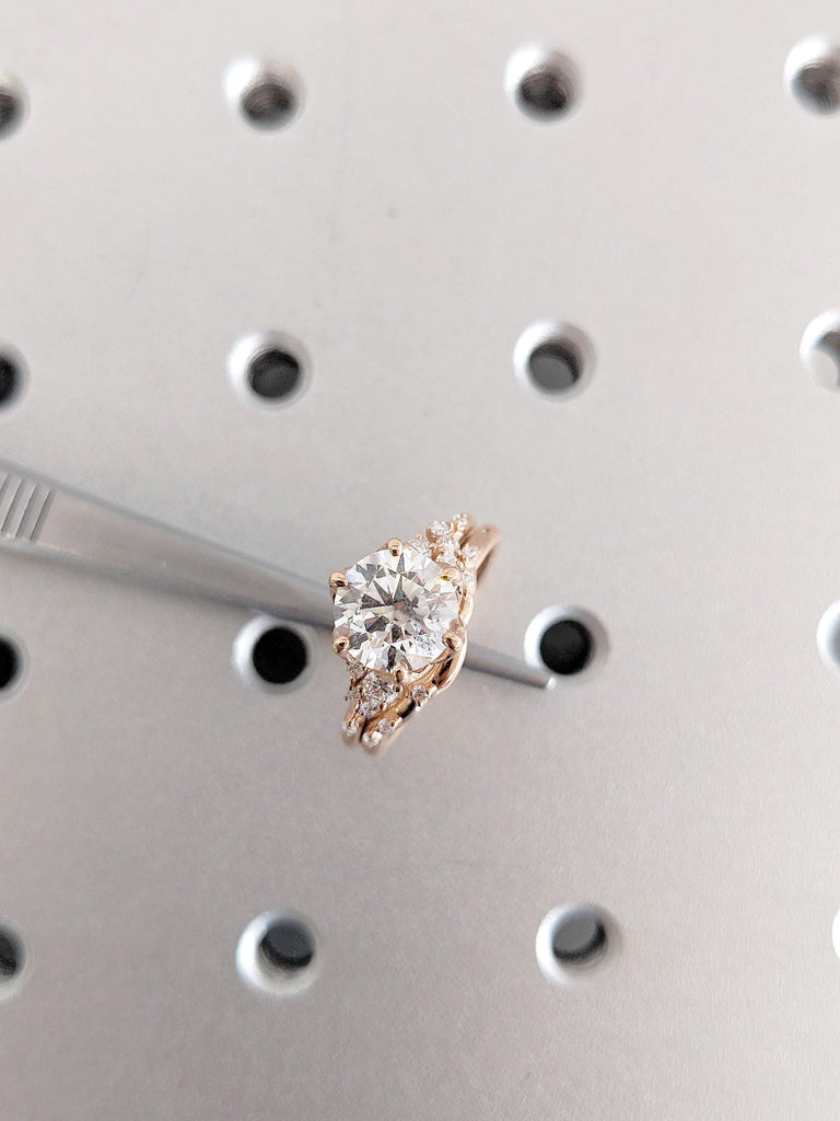 IGI Certified Lab Grown Diamond Ring Set, Diamond Cluster Engagement Ring Set, 14K Rose Gold Bridal Set, Petal Prong Diamond Wedding Ring