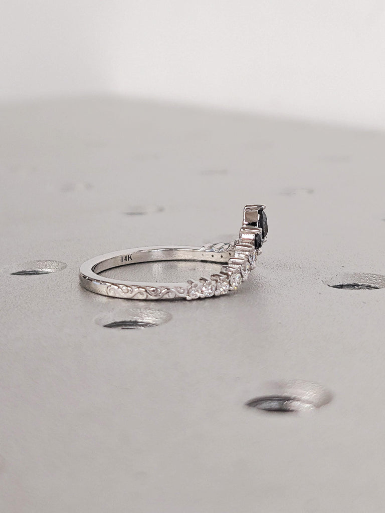 14K White Gold Crown Pear Salt and Pepper Diamond Matching Ring, Filigree Hand Engraved Band, Women's Stacking Ring