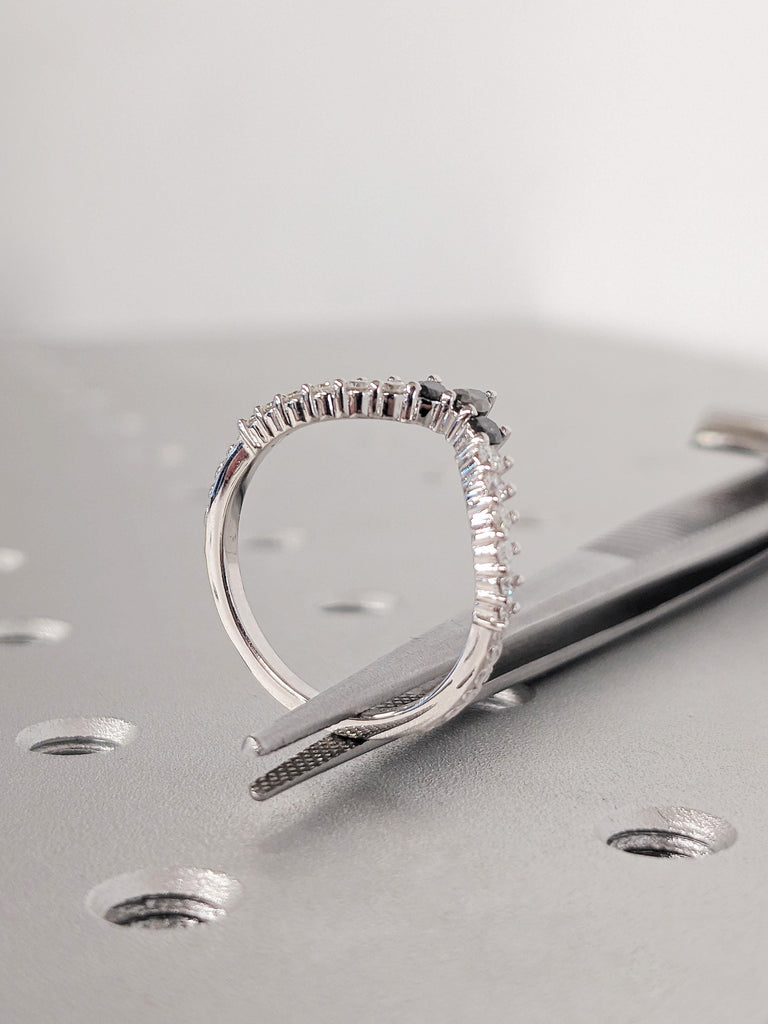 14K White Gold Crown Pear Salt and Pepper Diamond Matching Ring, Filigree Hand Engraved Band, Women's Stacking Ring