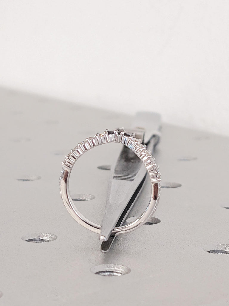 14K White Gold Crown Pear Salt and Pepper Diamond Matching Ring, Filigree Hand Engraved Band, Women's Stacking Ring