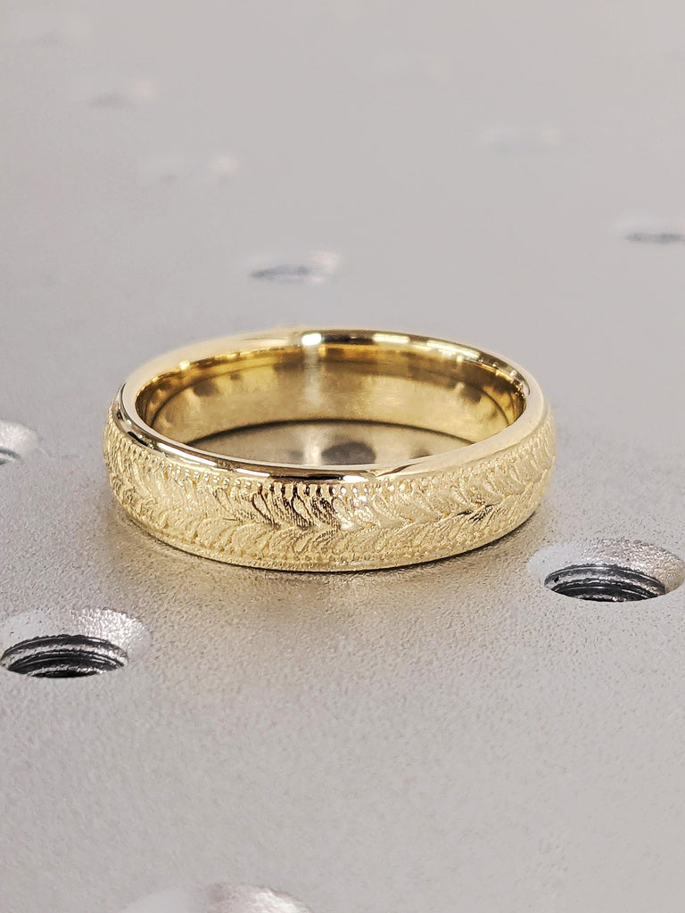 Vintage Men's Gold Diamond Engagement Band, Dainty Natural Diamond Engraved, Floral Stacking Everyday Jewelry