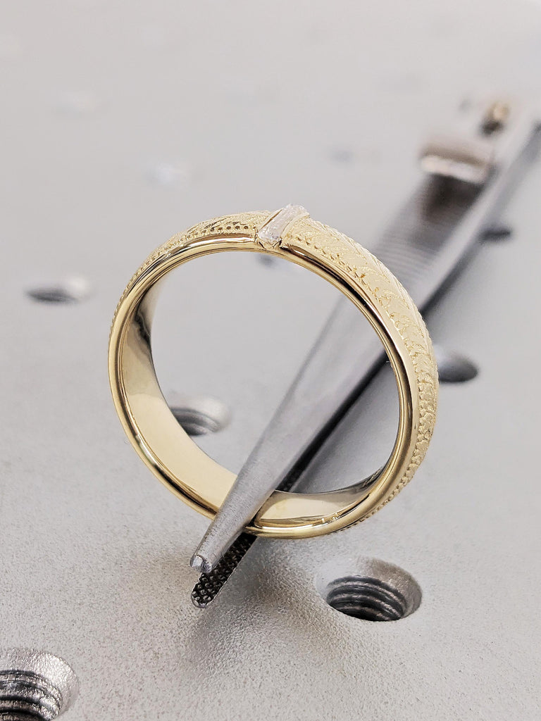 Vintage Men's Gold Diamond Engagement Band, Dainty Natural Diamond Engraved, Floral Stacking Everyday Jewelry