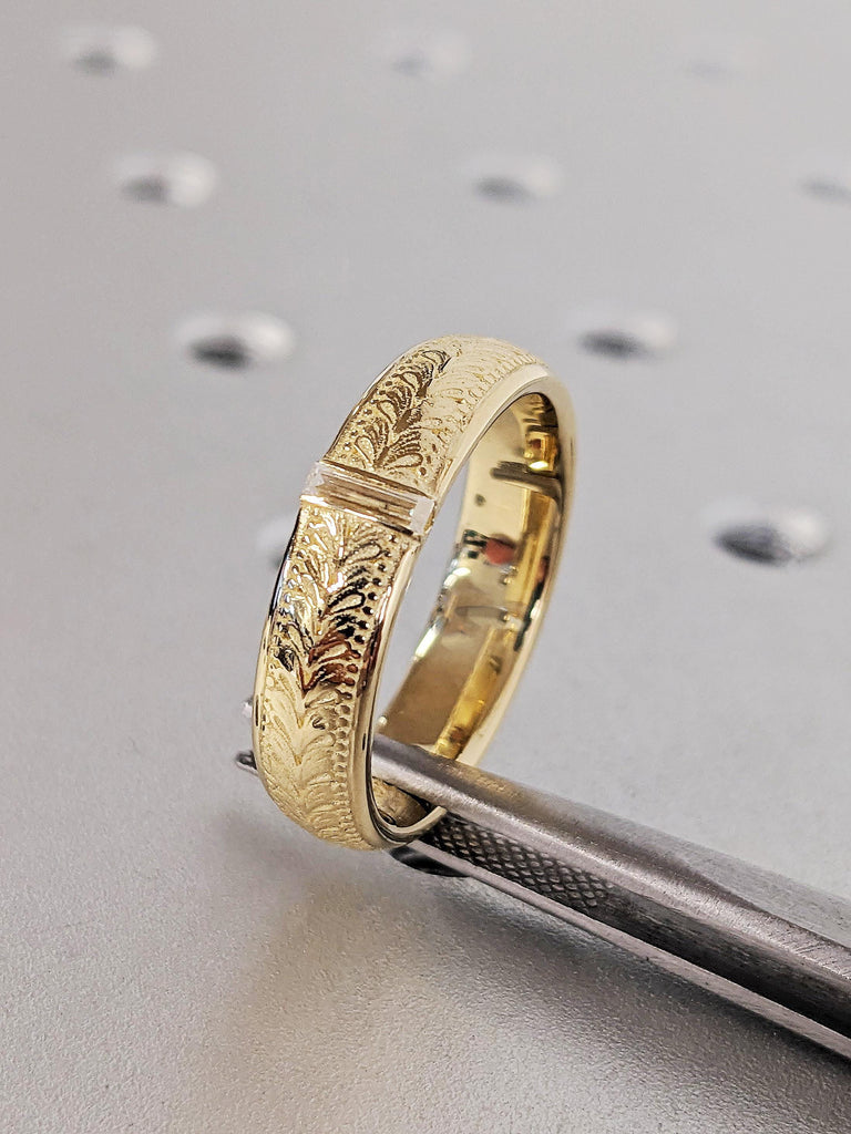 14K Yellow Gold Baguette Diamond Wedding Band, Men's Diamond Engagement Band, Unisex Classic Engraved Ring, Vintage Stackable Wedding Band