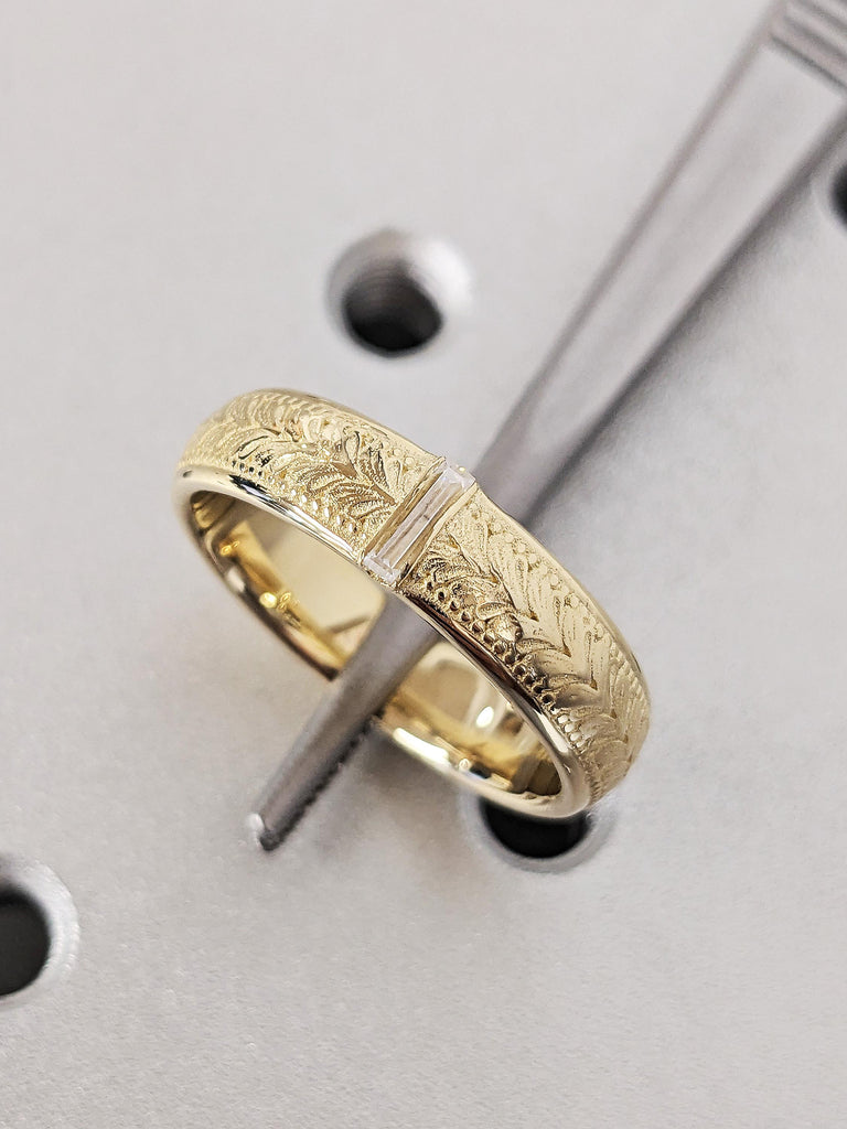 Vintage Men's Gold Diamond Engagement Band, Dainty Natural Diamond Engraved, Floral Stacking Everyday Jewelry