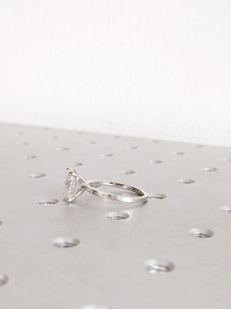 Platinum Cushion Cut Moissanite Engagement Ring, Unique Solitaire Bridal Ring