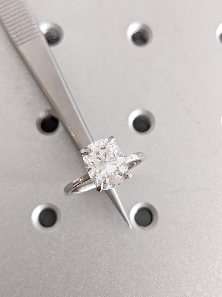 Platinum Cushion Cut Moissanite Engagement Ring, Unique Solitaire Bridal Ring