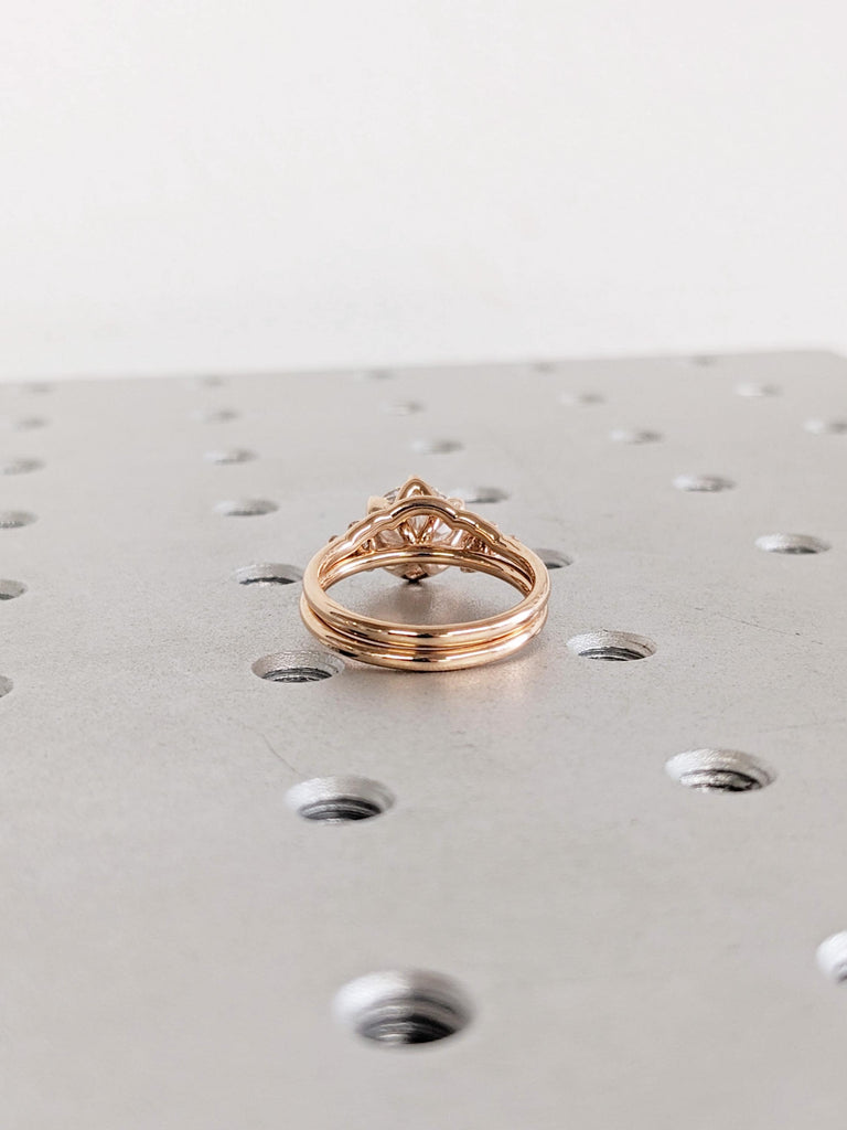 0.5-2.25ct Round Cut Lab Grown Diamond Engagement Ring Set, 14K Solid Gold Wedding Ring Set, Rose Gold Snowdrift Diamond Cluster Bridal Set