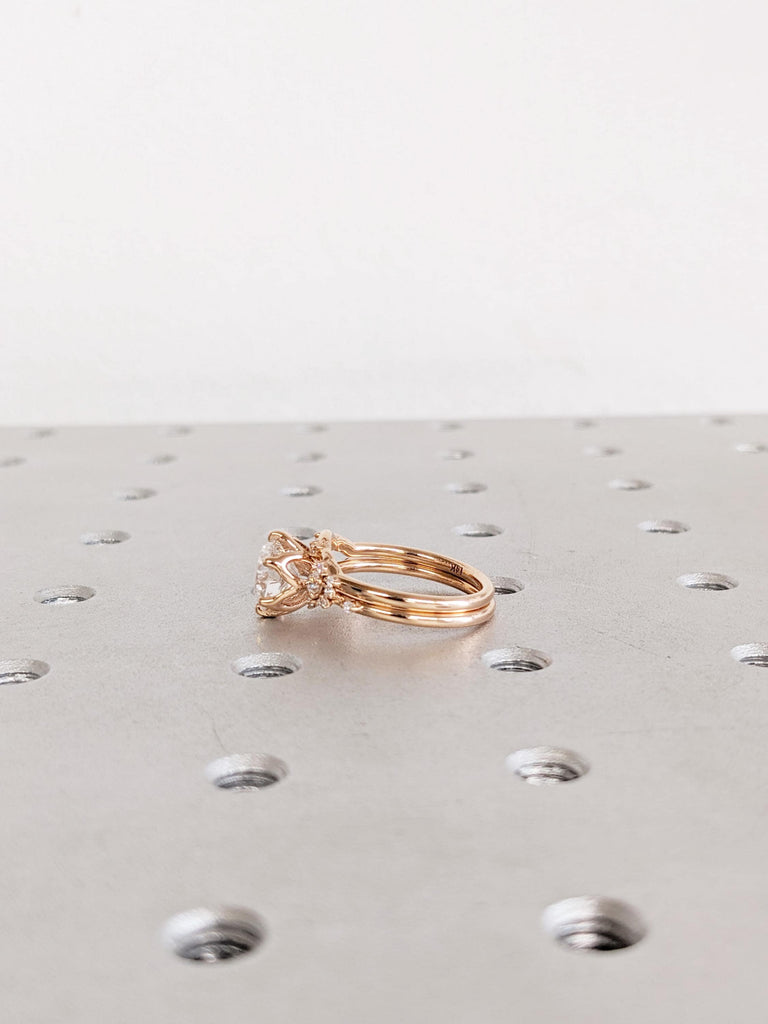 0.5-2.25ct Round Cut Lab Grown Diamond Engagement Ring Set, 14K Solid Gold Wedding Ring Set, Rose Gold Snowdrift Diamond Cluster Bridal Set