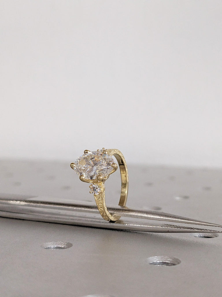 14K Yellow Gold Oval Moissanite Engagement Ring, Round Prong Diamond Accent Wedding Ring