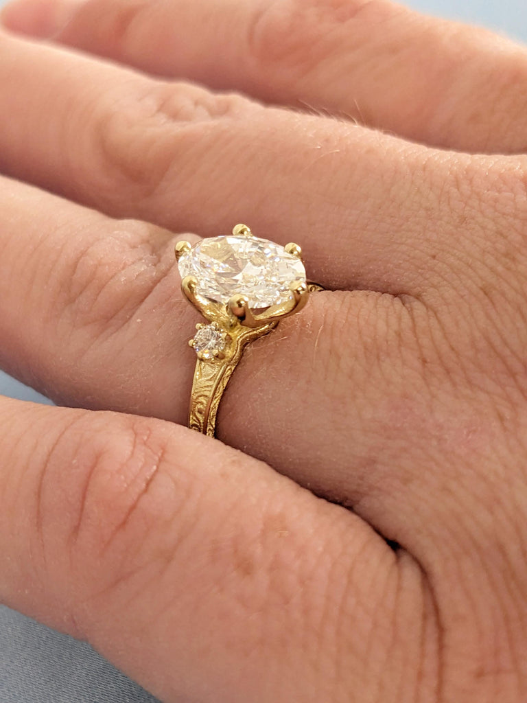 14K Yellow Gold Oval Moissanite Engagement Ring, Round Prong Diamond Accent Wedding Ring image #5
