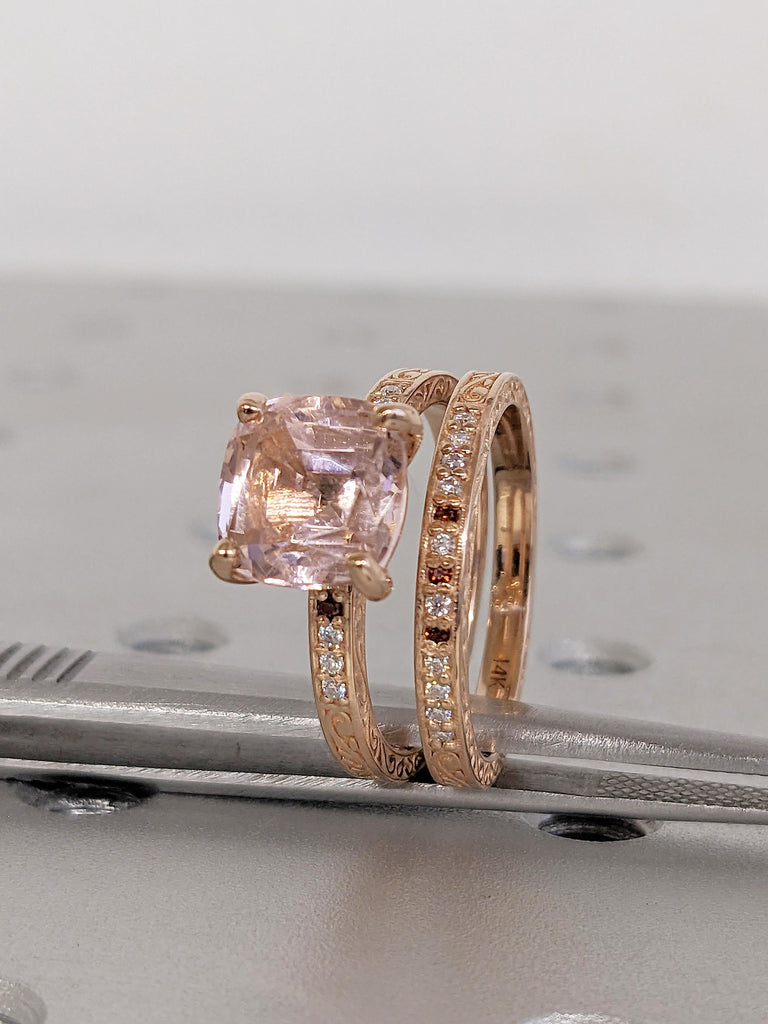 Lab Morganite Engagement Ring Set, 18k/14k Rose Gold Cushion Cut Ring, Bridal Set Filigree Ring, Diamond, Garnet, Peachy Pink Morganite Ring