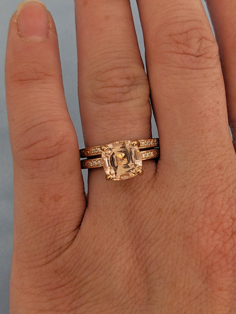 Lab Morganite Engagement Ring Set, 18k/14k Rose Gold Cushion Cut Ring, Bridal Set Filigree Ring, Diamond, Garnet, Peachy Pink Morganite Ring