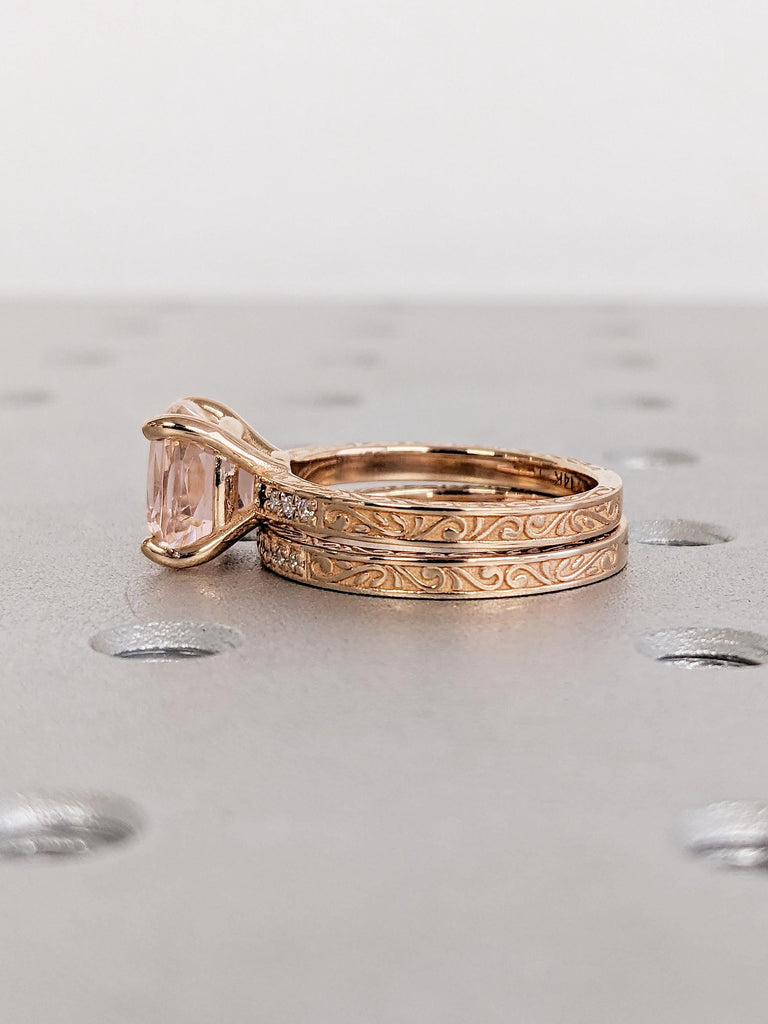 Lab Morganite Engagement Ring Set, 18k/14k Rose Gold Cushion Cut Ring, Bridal Set Filigree Ring, Diamond, Garnet, Peachy Pink Morganite Ring
