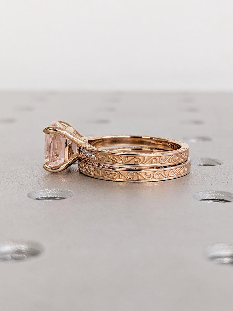 Bridal Set Ring, Cushion Cut Lab Morganite Ring, Diamond, Garnet, Rose Gold Engagement Ring Set