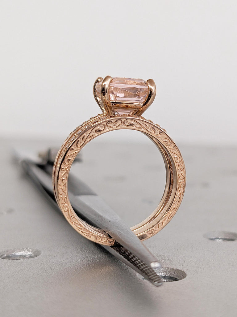 Lab Morganite Engagement Ring Set, 18k/14k Rose Gold Cushion Cut Ring, Bridal Set Filigree Ring, Diamond, Garnet, Peachy Pink Morganite Ring