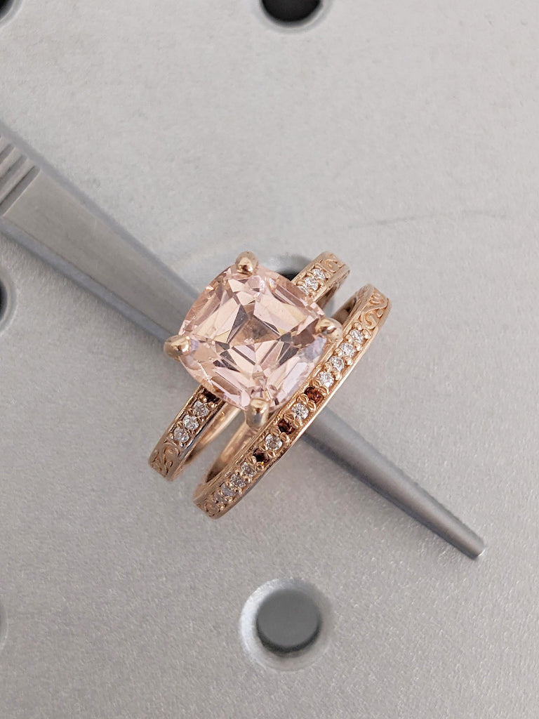 Vintage Engagement Ring Set, Cushion Cut Ring, Lab Morganite Ring