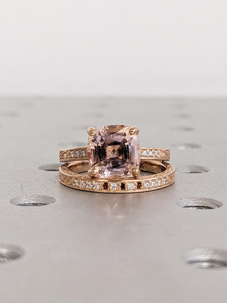Bridal Set, 14k Rose Gold Cushion Cut Pink Morganite, Lab Diamond, Garnet Wedding Ring Set