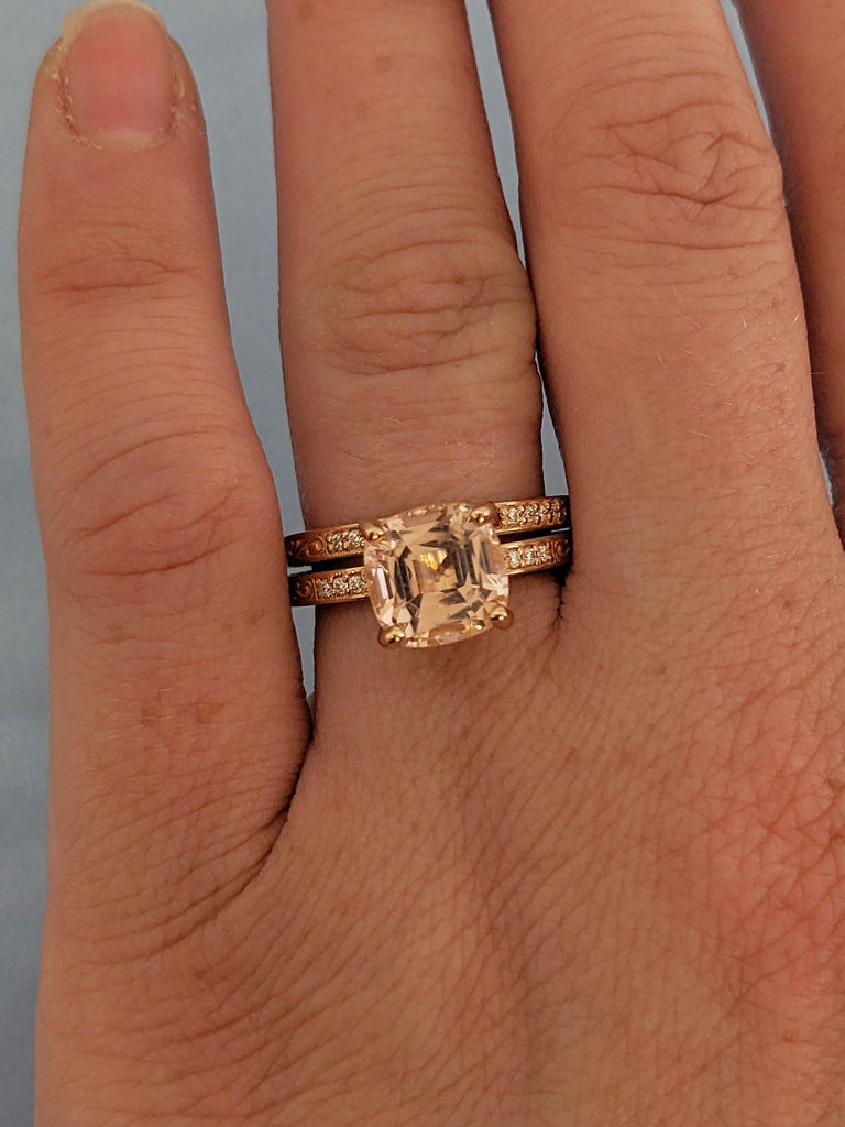 14k Rose Gold Morganite Ring, Vintage Engagement Ring Set, Moissanite, Red Garnet Filigree Ring, Cushion Cut Wedding Ring, Birthstone Ring