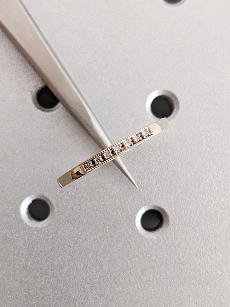 Dainty Round Cut Diamond Ring, 14K Solid White Gold Milgrain Band, White Pave Diamond Stacking Ring, Custom Ring, Anniversary Gift For Her