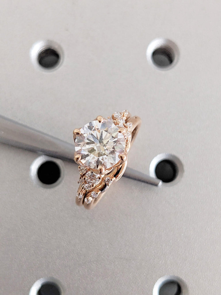 0.5-2.25ct Round Cut Lab Grown Diamond Engagement Ring Set, 14K Solid Gold Wedding Ring Set, Rose Gold Snowdrift Diamond Cluster Bridal Set