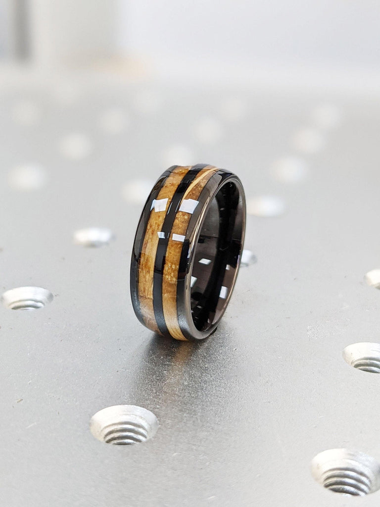 Polished Black Plated Tungsten Male Engagement Ring | Double Koa Wood Inlay Dome Shaped Wedding Band | Black Mens Ring | Rustic Wedding Ring