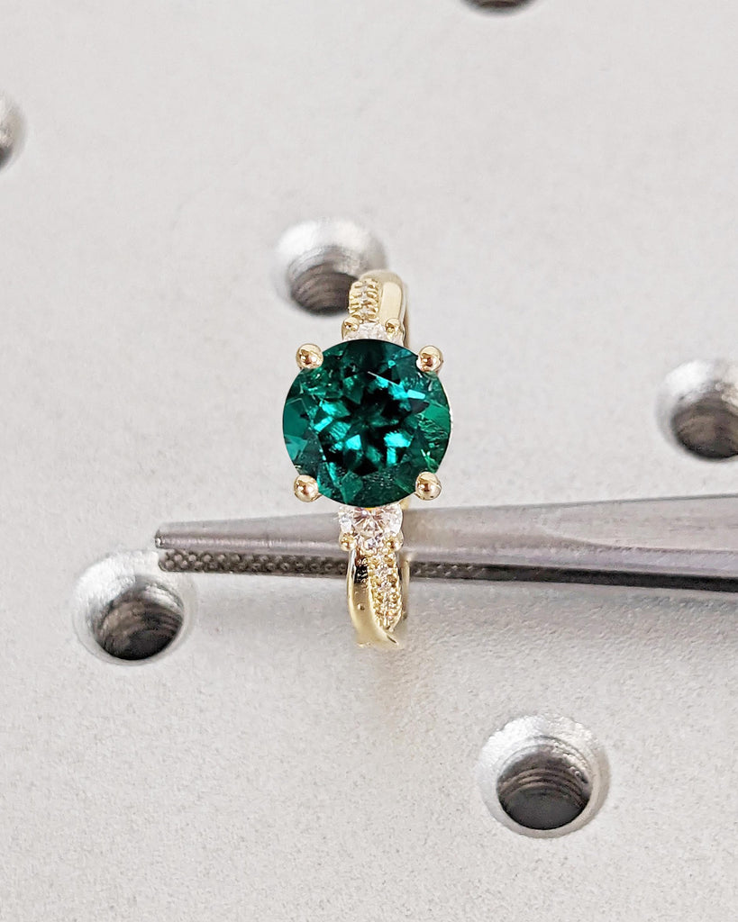 Lab Grown Emerald Ring: Round Cut Emerald with Diamond or Moissanite Accents, 14K Yellow Gold, Twisted Band Ring, Anniversary Ring