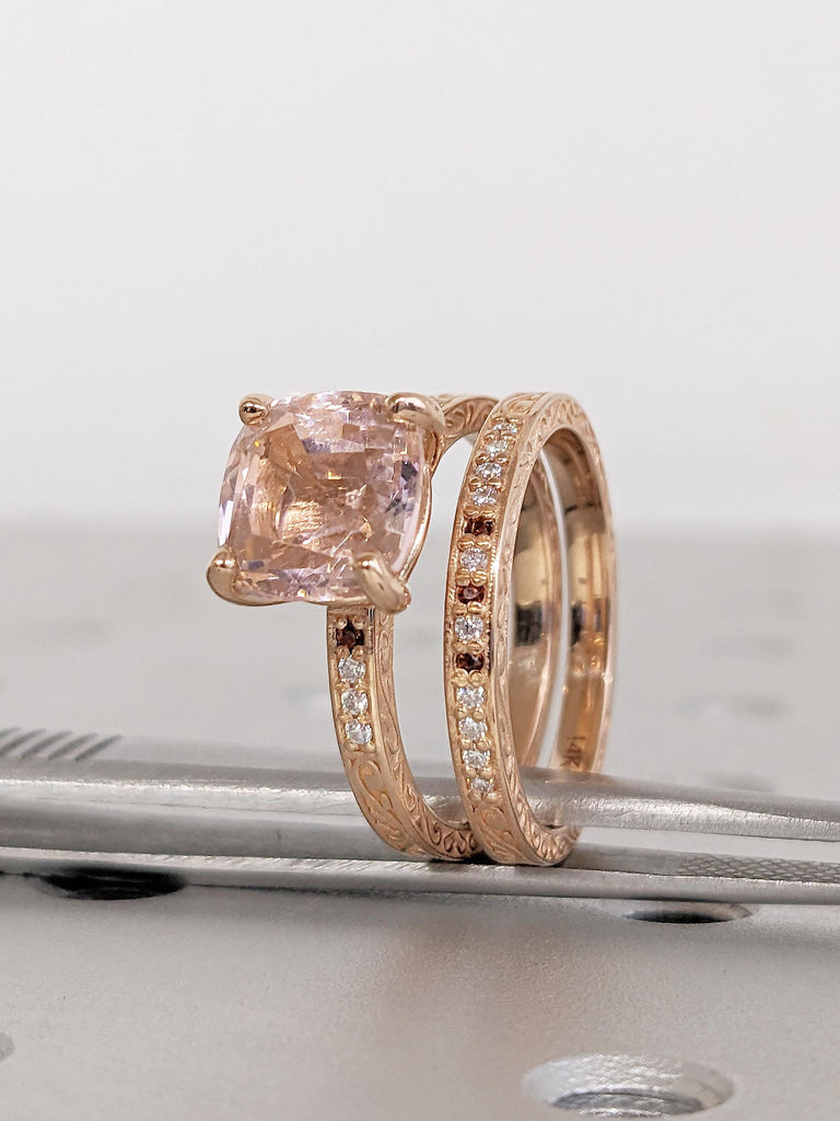Lab Morganite Engagement Ring Set, 18k/14k Rose Gold Cushion Cut Ring, Bridal Set Filigree Ring, Diamond, Garnet, Peachy Pink Morganite Ring