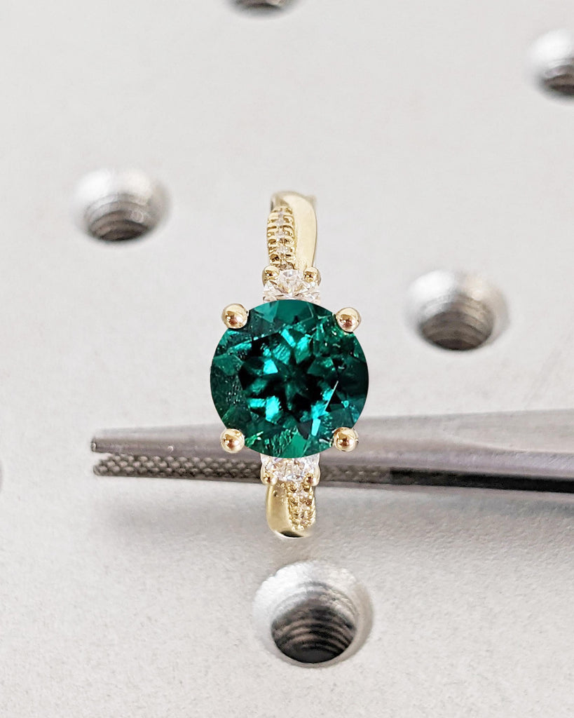 Lab Grown Emerald Ring: Round Cut Emerald with Diamond or Moissanite Accents, 14K Yellow Gold, Twisted Band Ring, Anniversary Ring
