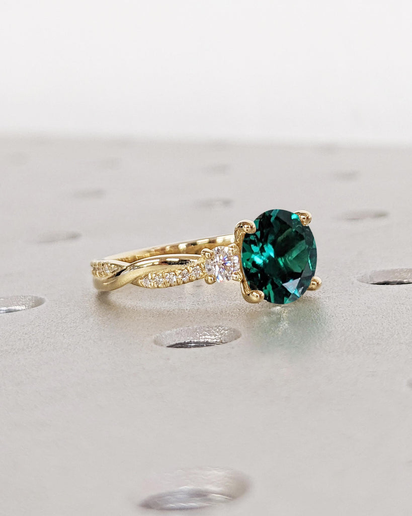 Lab Grown Emerald Ring: Round Cut Emerald with Diamond or Moissanite Accents, 14K Yellow Gold, Twisted Band Ring, Anniversary Ring
