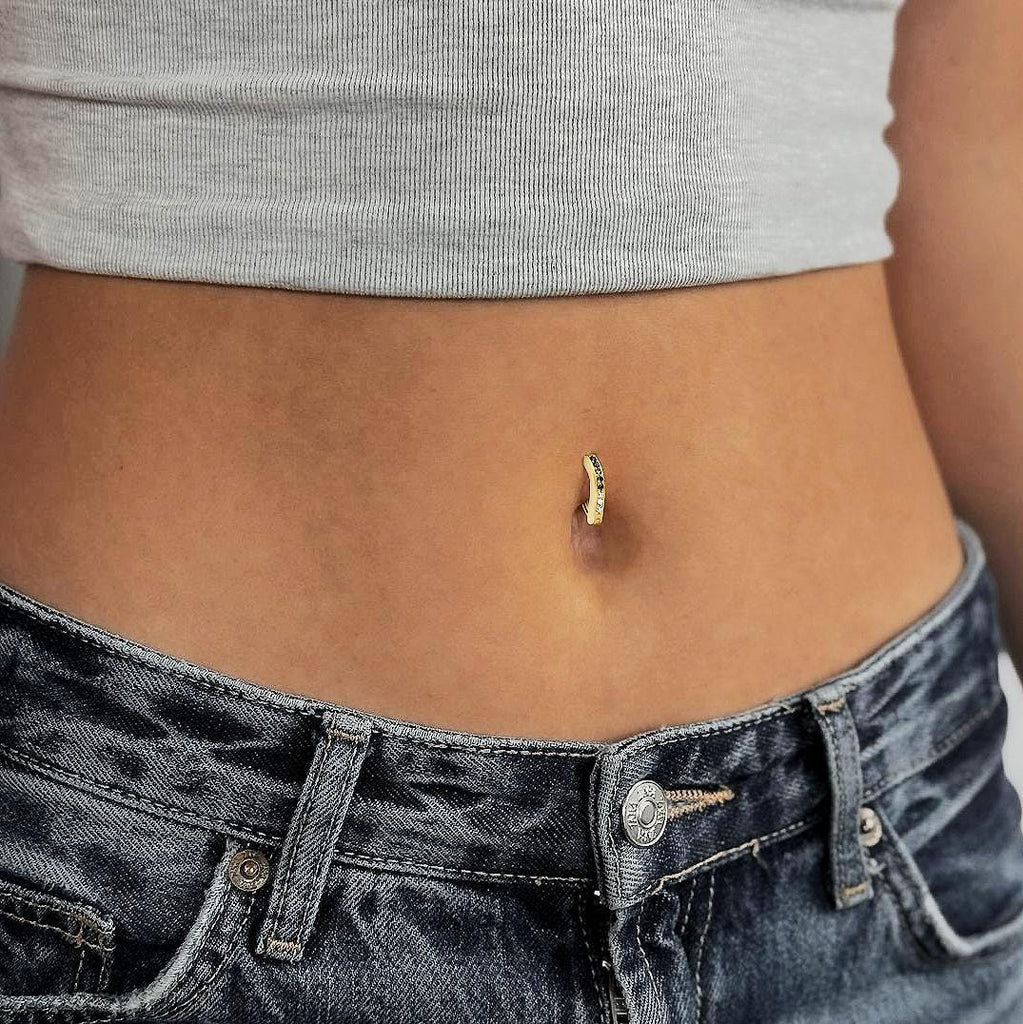 Round Ombre Diamond Navel Ring, 18K Solid Gold Belly Button Diamond Piercing, Curved Belly Ring, Diamond Body Clicker, Alternative Jewelry