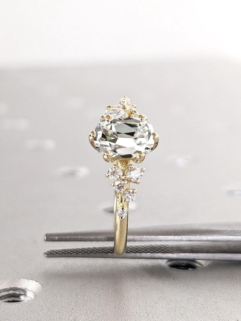 Long Cushion cut CVD Diamond Engagement Ring: Solid Gold, Old Mine-cut Certified Diamond