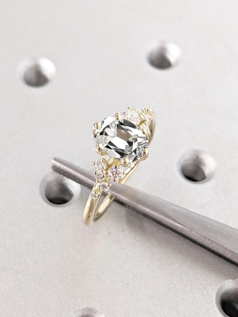 1ct Old Miner cut Elongated Cushion Lab Created Diamond 18K Yellow Gold Snowdrift Diamond Cluster Engagement Ring
