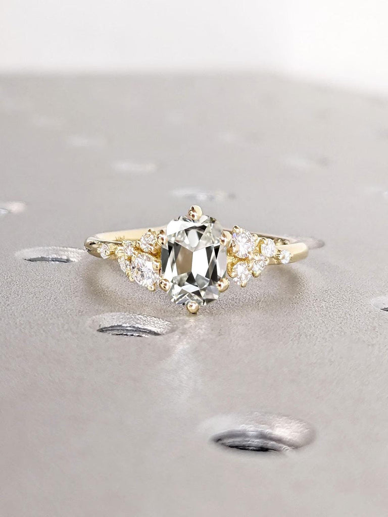 Old Mine Long Cushion cut IGI Certified Lab Diamond Round Engagement Ring | Yellow Gold Snowdrift Moissanite Ring